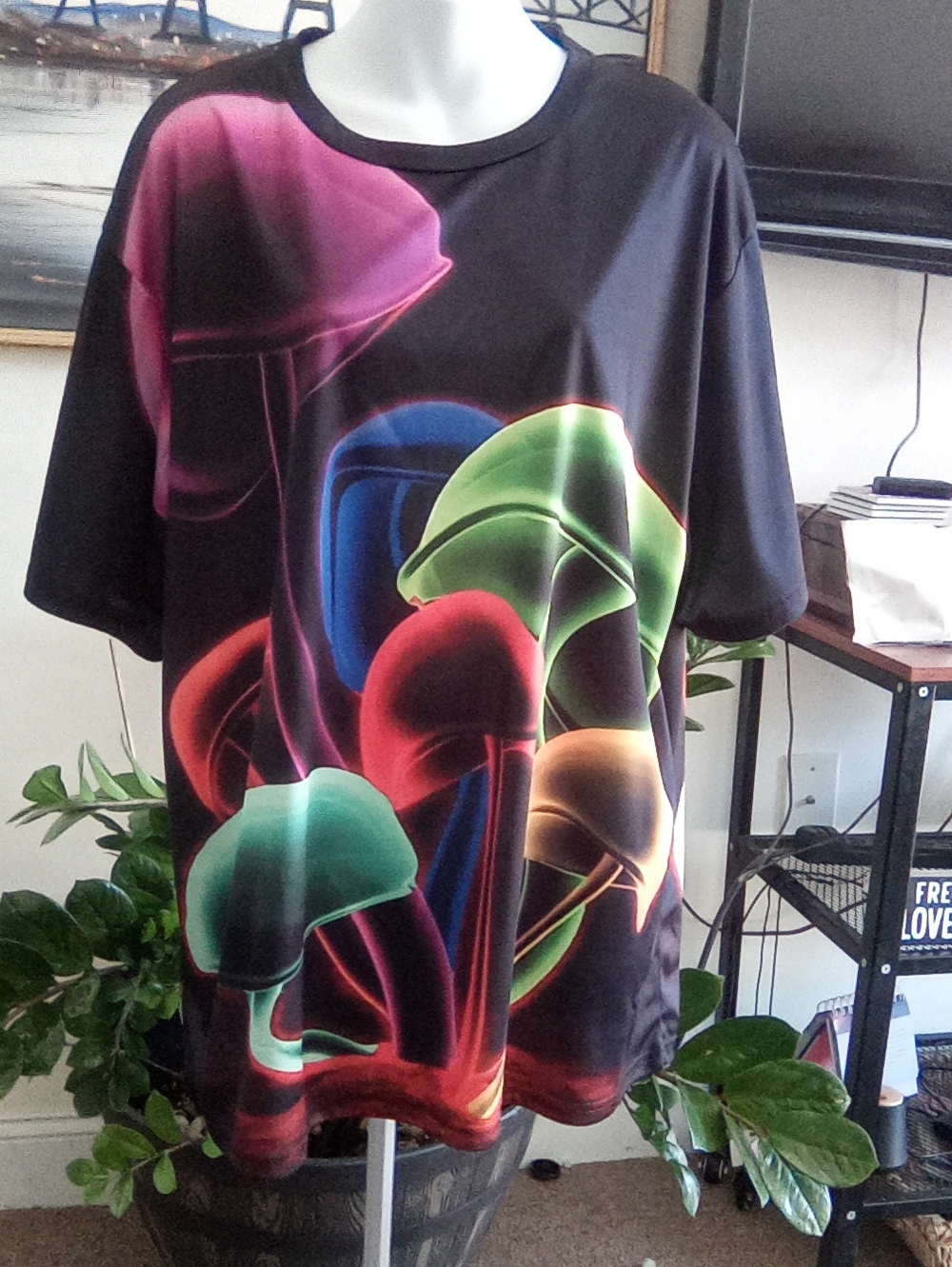 Neon Mushrooms  Graphic Tee - Multicolor Stretchy P2P 25" L 30" 3X